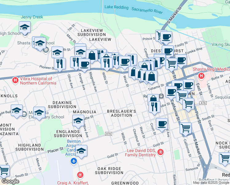 map of restaurants, bars, coffee shops, grocery stores, and more near 2045 Shasta Street in Redding