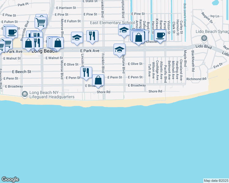 map of restaurants, bars, coffee shops, grocery stores, and more near 515 Shore Road in Long Beach