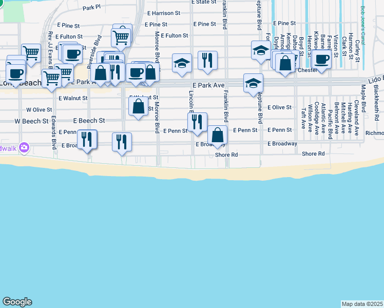 map of restaurants, bars, coffee shops, grocery stores, and more near 365 Shore Road in Long Beach