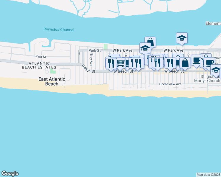 map of restaurants, bars, coffee shops, grocery stores, and more near 1107 Ocean Boulevard in Long Beach