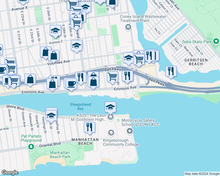 map of restaurants, bars, coffee shops, grocery stores, and more near 3136A Emmons Avenue in Brooklyn