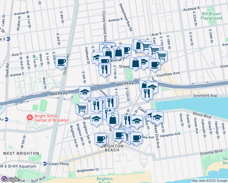 map of restaurants, bars, coffee shops, grocery stores, and more near 2745 East 11th Street in Brooklyn