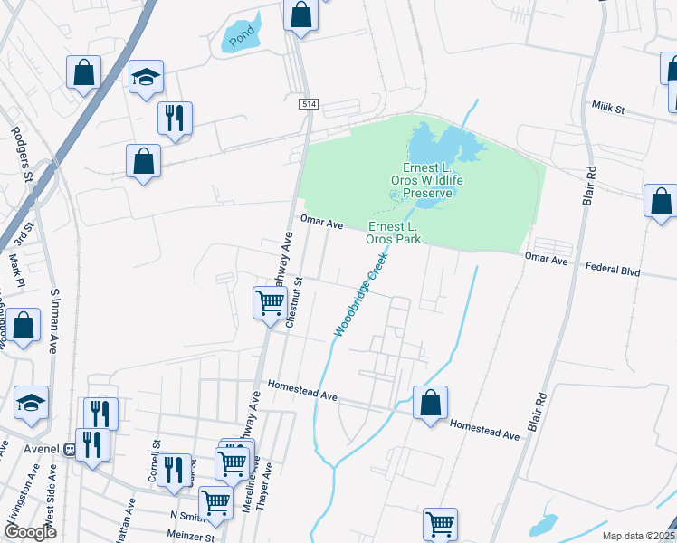 map of restaurants, bars, coffee shops, grocery stores, and more near 100 Morrisey Avenue in Woodbridge Township