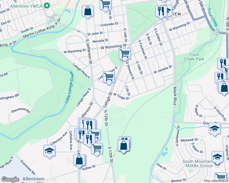 map of restaurants, bars, coffee shops, grocery stores, and more near 1111 West Tioga Street in Allentown