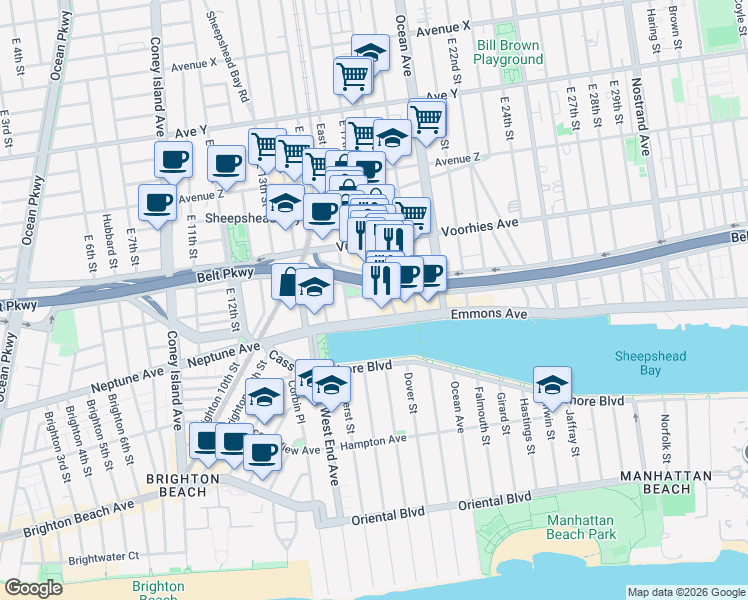 map of restaurants, bars, coffee shops, grocery stores, and more near 3360 Shore Parkway in Brooklyn