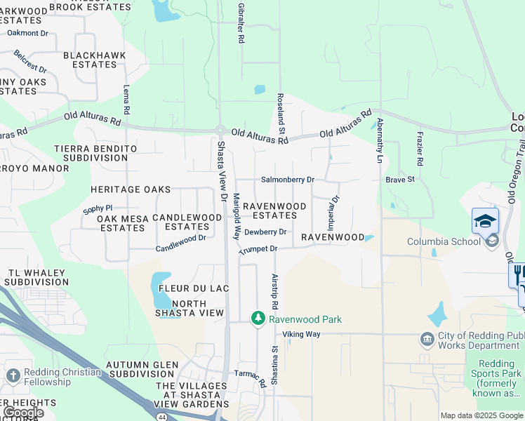 map of restaurants, bars, coffee shops, grocery stores, and more near 1599 Lavender Way in Redding