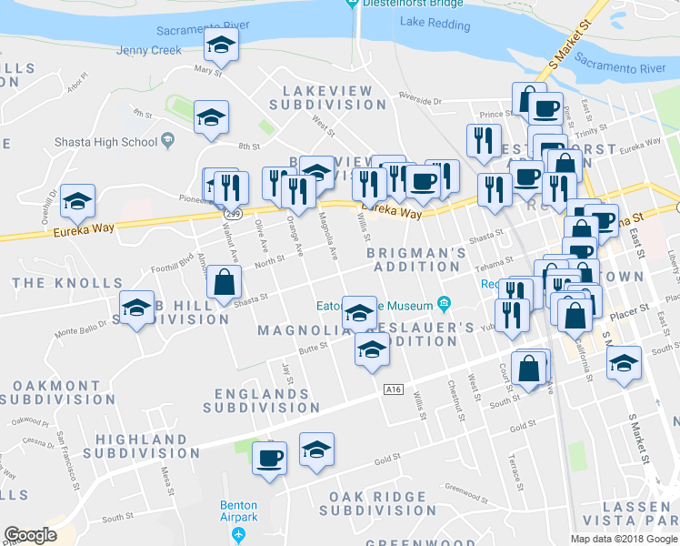 map of restaurants, bars, coffee shops, grocery stores, and more near Shasta Street & Magnolia Avenue in Redding