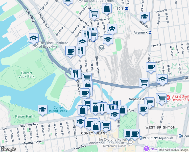 map of restaurants, bars, coffee shops, grocery stores, and more near 2608 Stillwell Avenue in Brooklyn