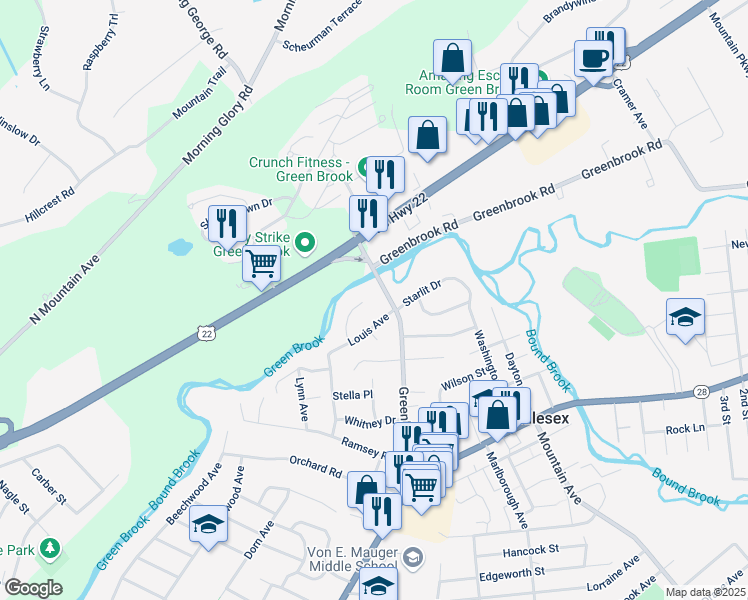 map of restaurants, bars, coffee shops, grocery stores, and more near 14 Weiss Drive in Middlesex