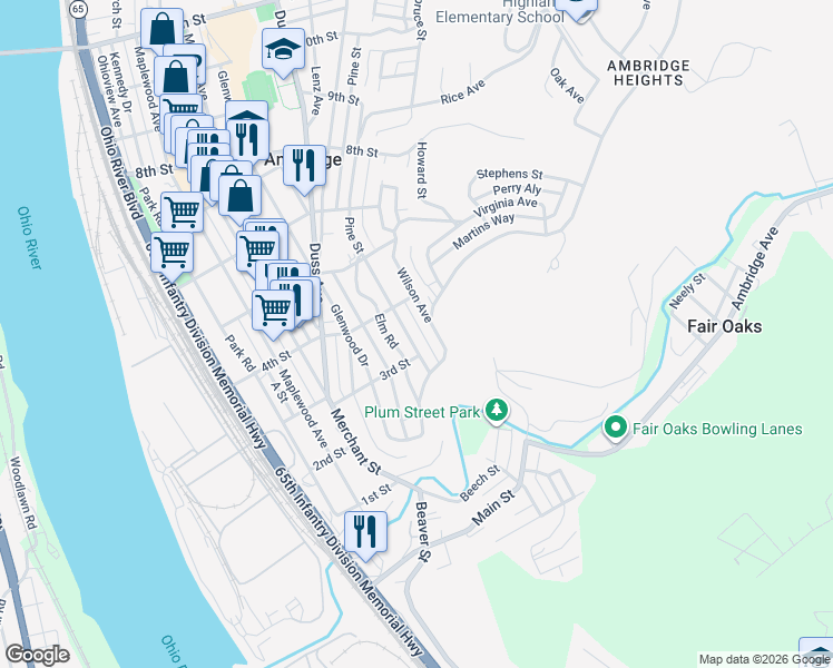 map of restaurants, bars, coffee shops, grocery stores, and more near 307 Wilson Avenue in Ambridge