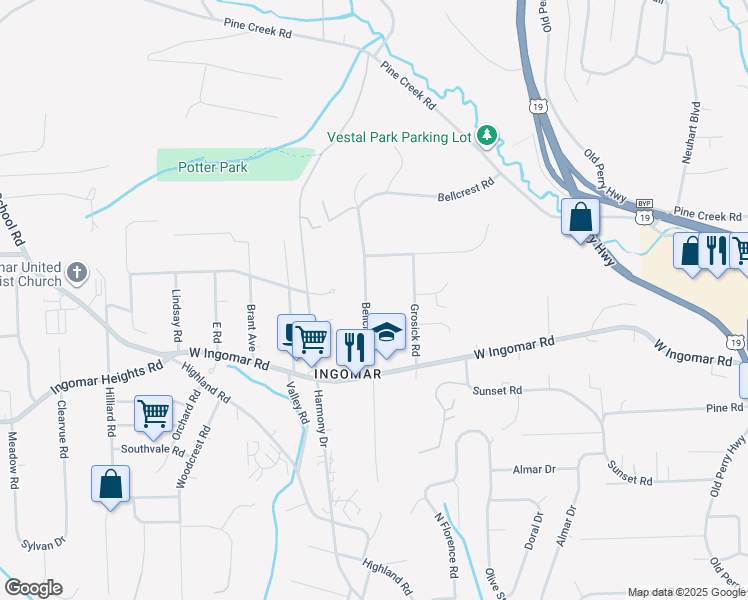 map of restaurants, bars, coffee shops, grocery stores, and more near 9742 Bellcrest Road in Pittsburgh
