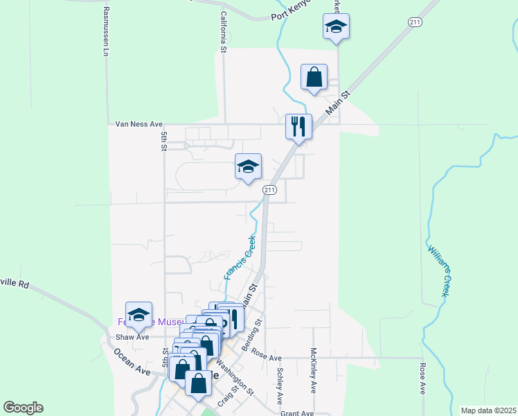 map of restaurants, bars, coffee shops, grocery stores, and more near 1183 Main Street in Fortuna