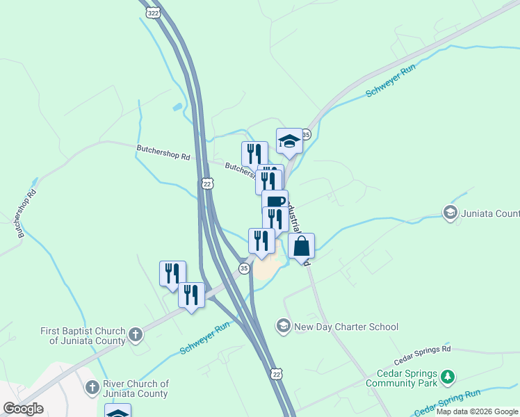 map of restaurants, bars, coffee shops, grocery stores, and more near 91 Kauffman Lane in Mifflintown