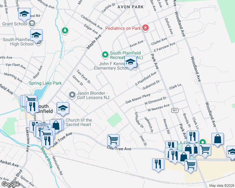 map of restaurants, bars, coffee shops, grocery stores, and more near 301 South Plainfield Avenue in South Plainfield