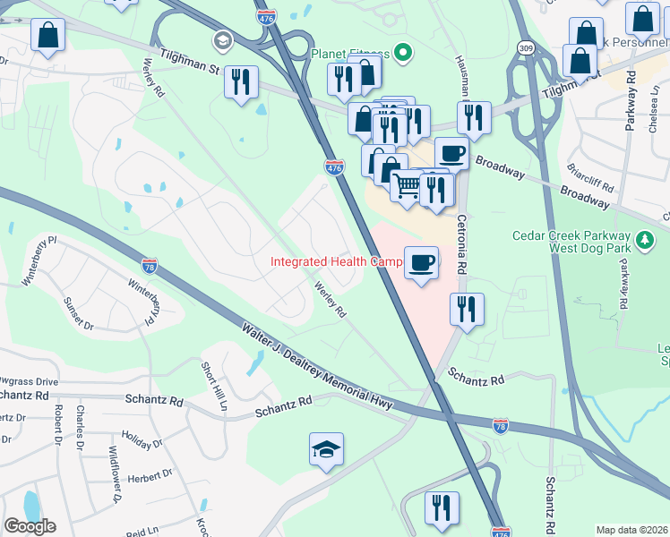 map of restaurants, bars, coffee shops, grocery stores, and more near 266 Blue Sage Drive in Allentown