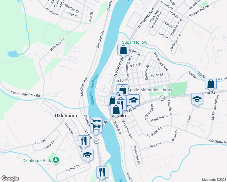 map of restaurants, bars, coffee shops, grocery stores, and more near 317 North Warren Avenue in Apollo