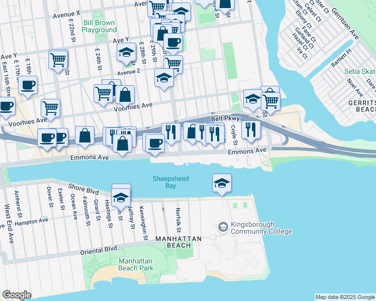 map of restaurants, bars, coffee shops, grocery stores, and more near 3027 Emmons Avenue in Brooklyn