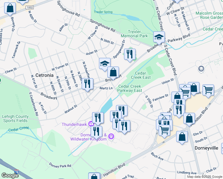 map of restaurants, bars, coffee shops, grocery stores, and more near 3607 Dorney Park Road in Allentown