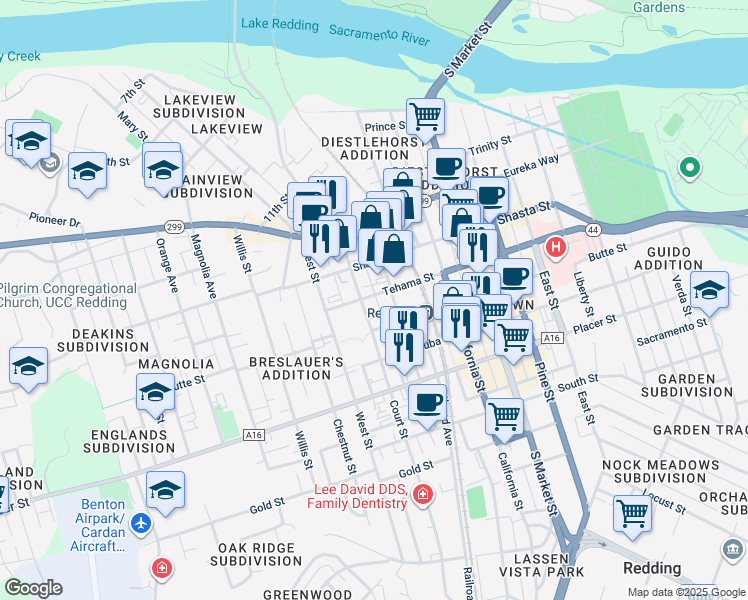 map of restaurants, bars, coffee shops, grocery stores, and more near 1743 Tehama Street in Redding