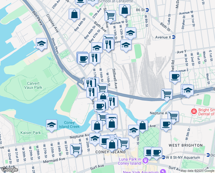 map of restaurants, bars, coffee shops, grocery stores, and more near 2618 West 15th Street in Brooklyn