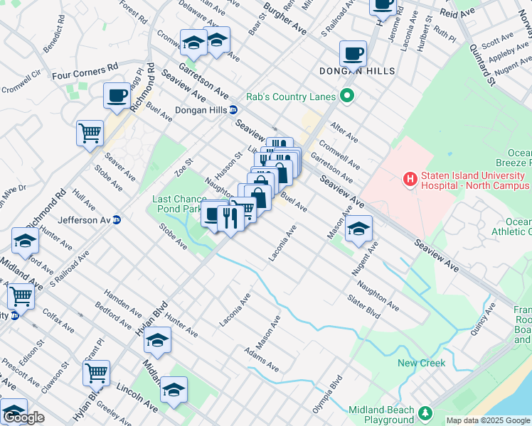 map of restaurants, bars, coffee shops, grocery stores, and more near 299 Naughton Avenue in Staten Island