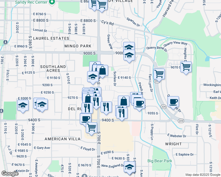 map of restaurants, bars, coffee shops, grocery stores, and more near 9232 Ashbourne Drive in Sandy