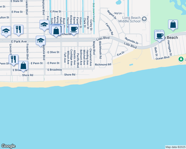 map of restaurants, bars, coffee shops, grocery stores, and more near 860 East Broadway in Long Beach