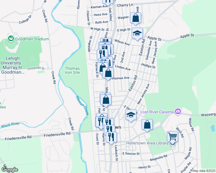 map of restaurants, bars, coffee shops, grocery stores, and more near 1053 Main Street in Hellertown
