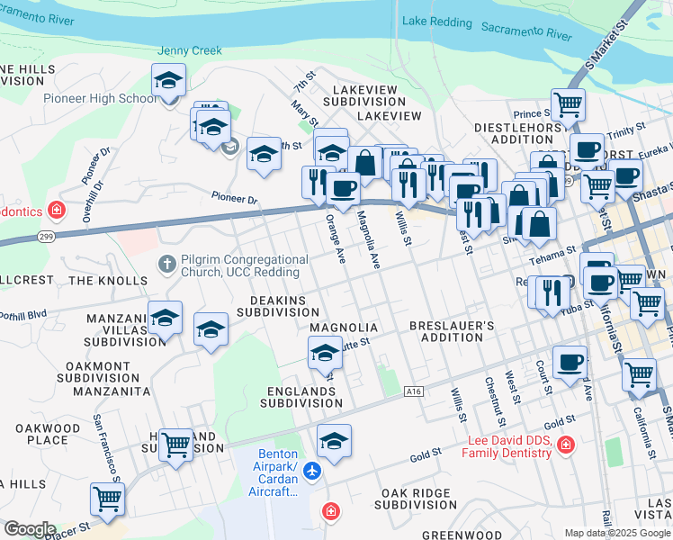 map of restaurants, bars, coffee shops, grocery stores, and more near 1200 Orange Avenue in Redding