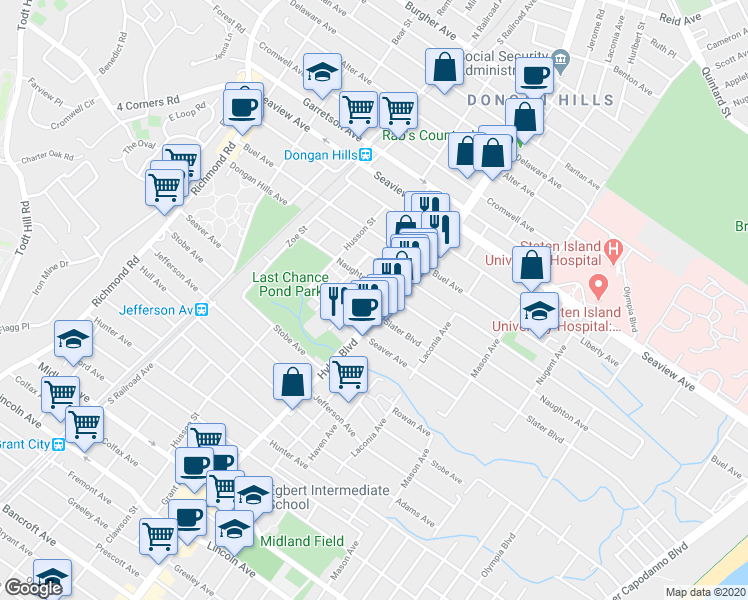 map of restaurants, bars, coffee shops, grocery stores, and more near 1855 Hylan Blvd in Staten Island