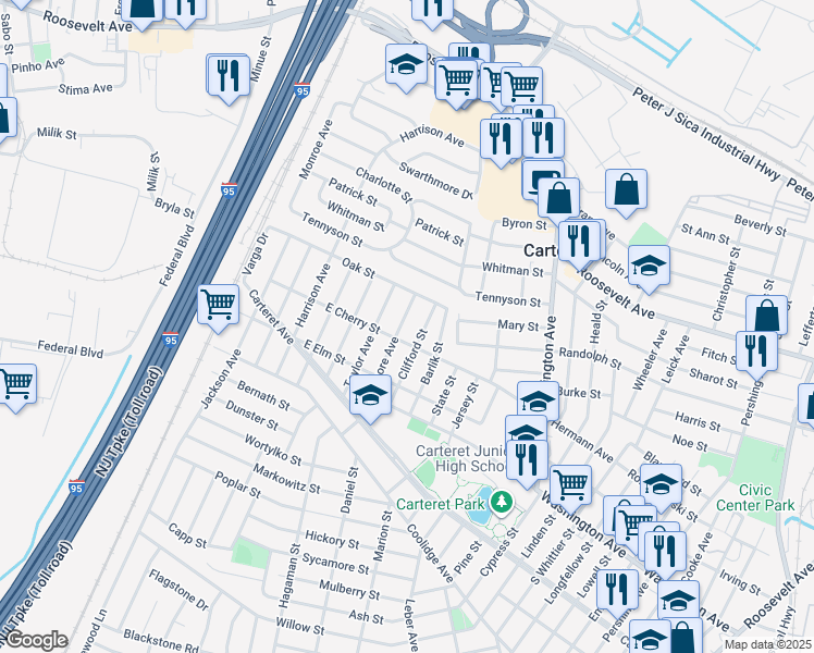 map of restaurants, bars, coffee shops, grocery stores, and more near 26 Fillmore Avenue in Carteret