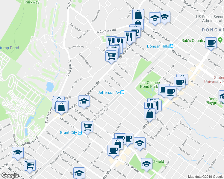 map of restaurants, bars, coffee shops, grocery stores, and more near 50 Hull Avenue in Staten Island