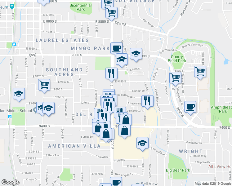 map of restaurants, bars, coffee shops, grocery stores, and more near 9235 South 700 East in Sandy