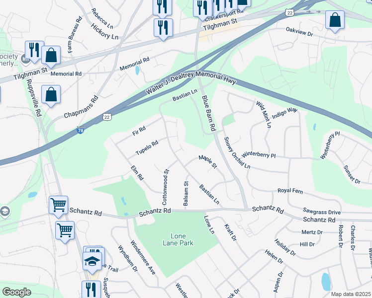 map of restaurants, bars, coffee shops, grocery stores, and more near 216 Briarwood Court in Allentown
