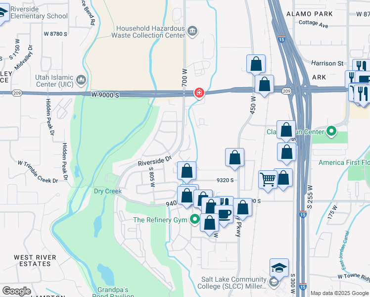 map of restaurants, bars, coffee shops, grocery stores, and more near 9186 West Jefferson Place in Sandy