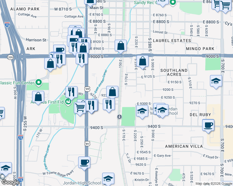 map of restaurants, bars, coffee shops, grocery stores, and more near 126 9200 South in Sandy