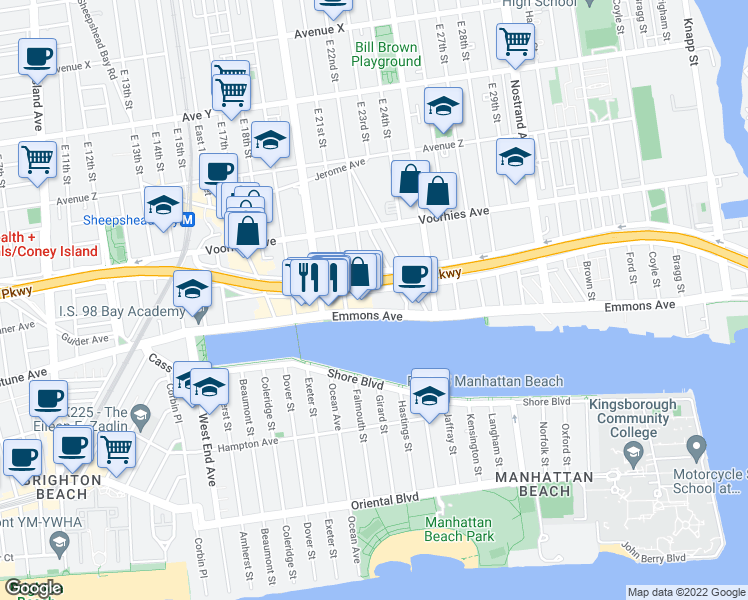 map of restaurants, bars, coffee shops, grocery stores, and more near 2235 Emmons Avenue in Brooklyn