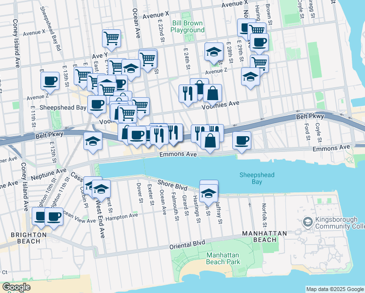 map of restaurants, bars, coffee shops, grocery stores, and more near 2235 Emmons Avenue in Brooklyn