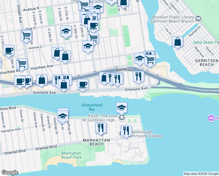 map of restaurants, bars, coffee shops, grocery stores, and more near 3075 Emmons Avenue in Brooklyn