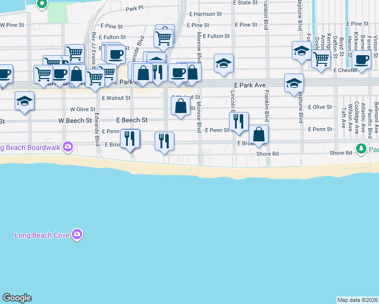 map of restaurants, bars, coffee shops, grocery stores, and more near 259 Shore Road in Long Beach