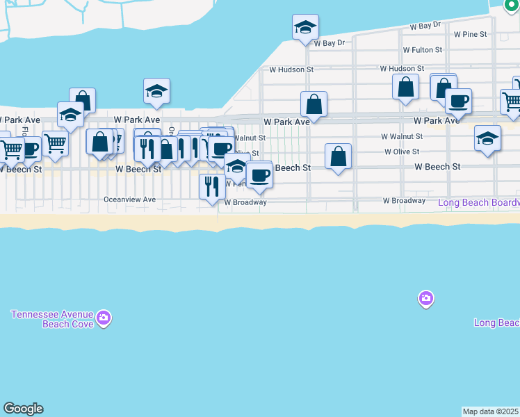 map of restaurants, bars, coffee shops, grocery stores, and more near 700 West Broadway in Long Beach