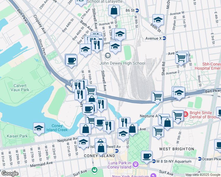 map of restaurants, bars, coffee shops, grocery stores, and more near 2624 West 13th Street in Brooklyn