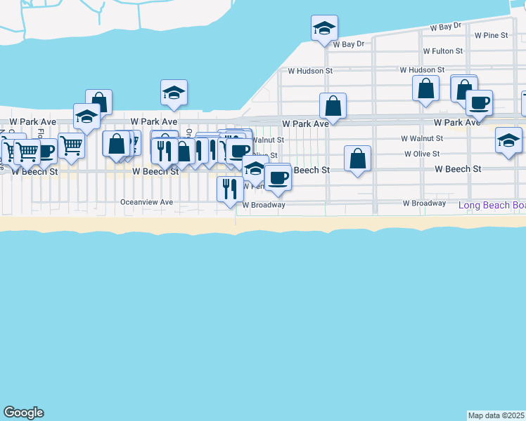 map of restaurants, bars, coffee shops, grocery stores, and more near 700 West Broadway in Long Beach