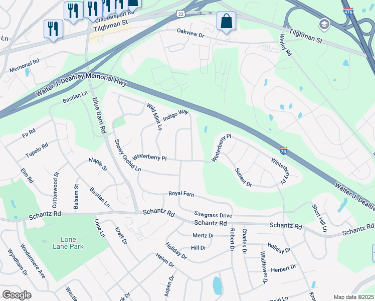map of restaurants, bars, coffee shops, grocery stores, and more near 290 Indigo Way in Allentown