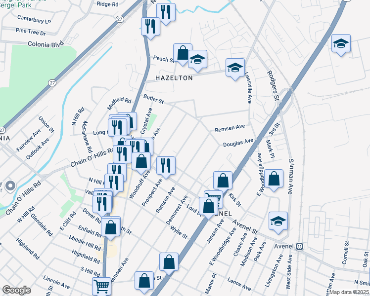 map of restaurants, bars, coffee shops, grocery stores, and more near 300 Prospect Avenue in Woodbridge Township
