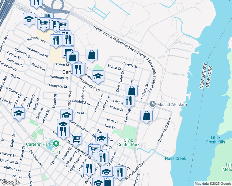 map of restaurants, bars, coffee shops, grocery stores, and more near 626 Roosevelt Avenue in Carteret