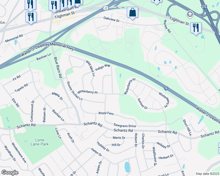 map of restaurants, bars, coffee shops, grocery stores, and more near 290 Indigo Way in Allentown
