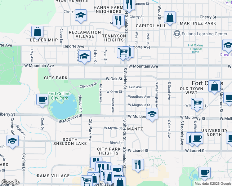 map of restaurants, bars, coffee shops, grocery stores, and more near 307 Scott Avenue in Fort Collins