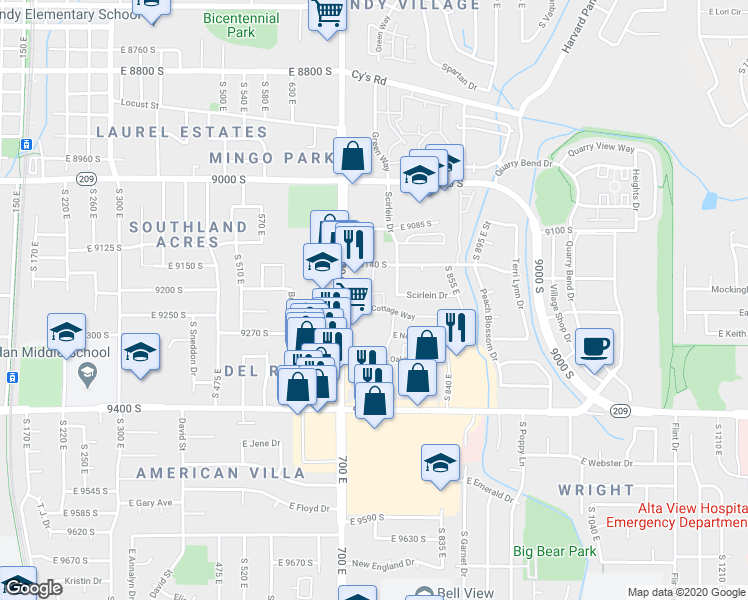 map of restaurants, bars, coffee shops, grocery stores, and more near 9235 South 700 East in Sandy