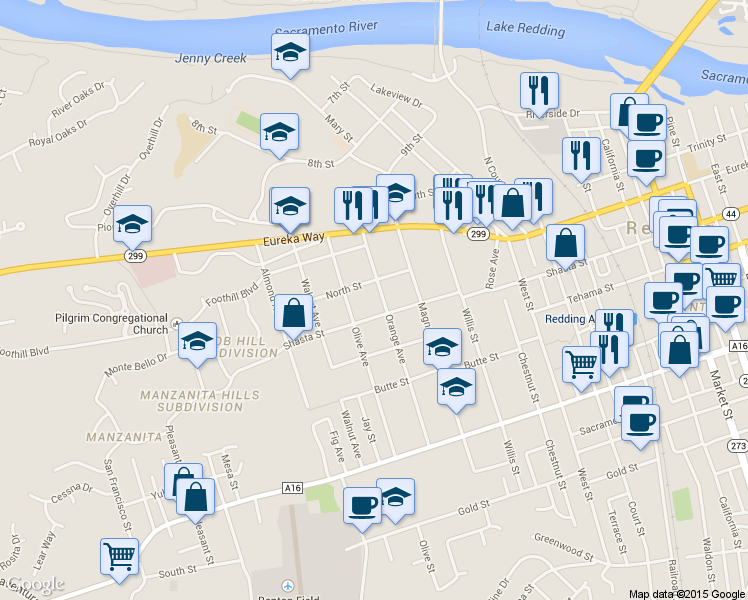 map of restaurants, bars, coffee shops, grocery stores, and more near 1200 Orange Avenue in Redding